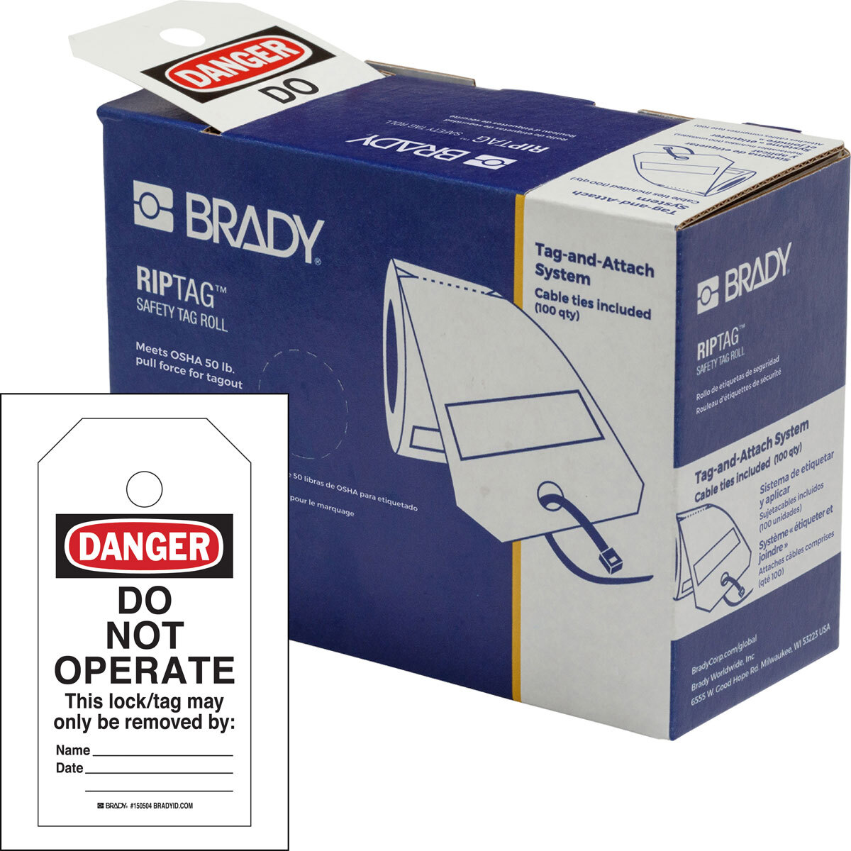 150503 RipTag Write-On Self-Laminating Safety Tag Roll, 5-3/4 in H x 3 in W, B-851 Polyester, Black/Red on White, Rectangle Shape