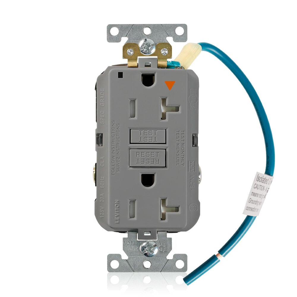 GFTR2-IGG SmartlockPro Slim Isolated Ground Self-Test Tamper-Resistant GFCI Receptacle, 120 V AC, 20 A, 2 Poles, 3 Wires, Gray
