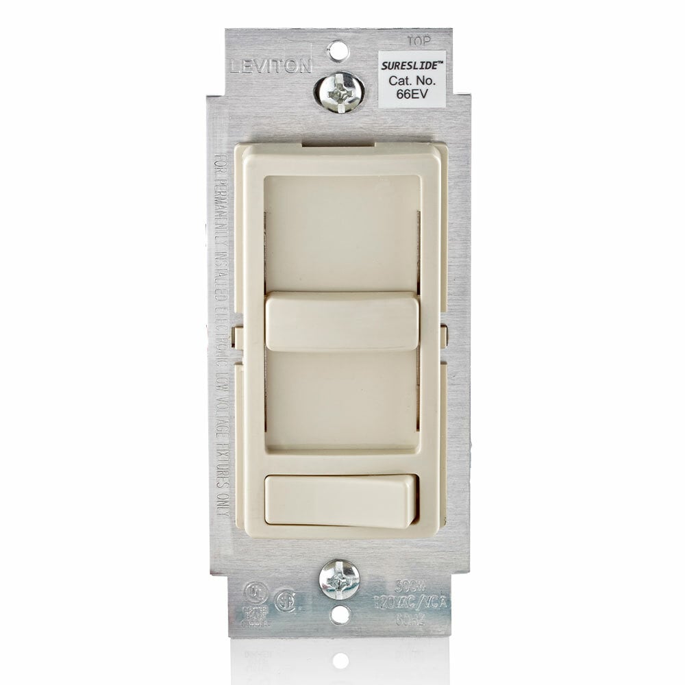 66EV-10T Decora SureSlide 3-Way Electro-Mechanical Single Gang Low Voltage Dimmer, 120 V AC, 1 Poles, On/Off Operation, Light Almond