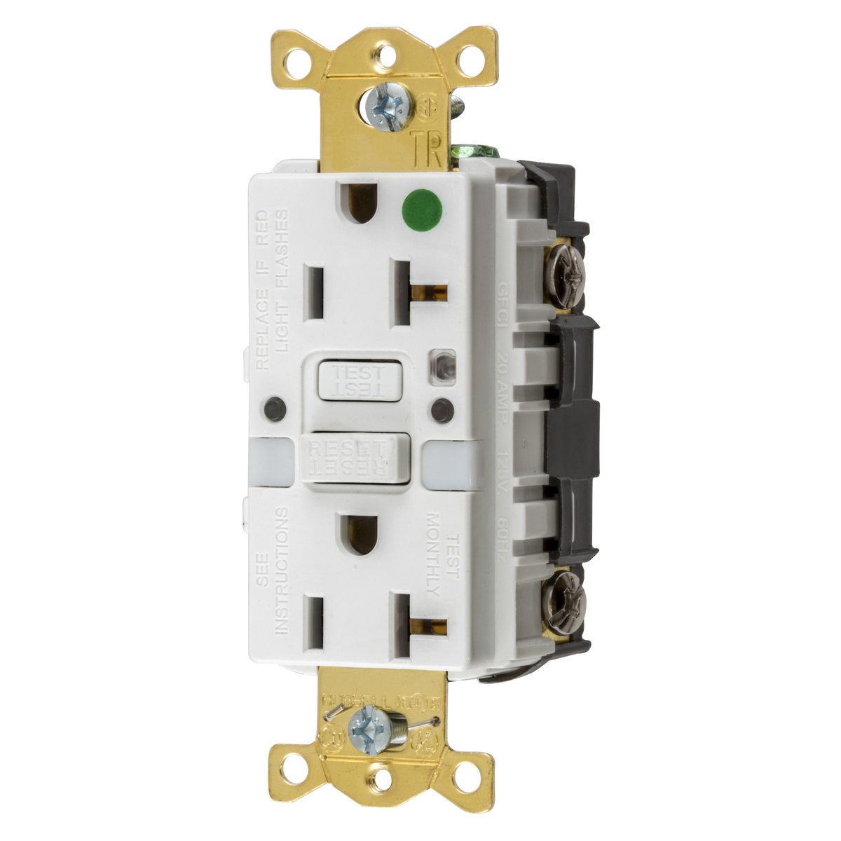 GFTRST83WNL 1-Phase Straight Blade Self-Test Tamper Resistant Standard Screw Mount GFCI Receptacle, 125 V AC, 20 A, 2 Poles, 3 Wires, White