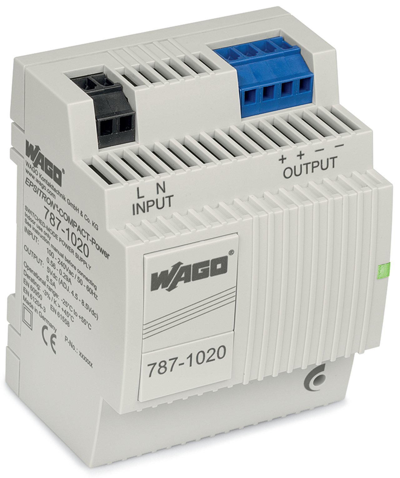 787-1020 787 1-Phase Power Supply, 100 to 240 V AC Input, 5 VDC Output, 5.5 A, DIN Rail Mounting