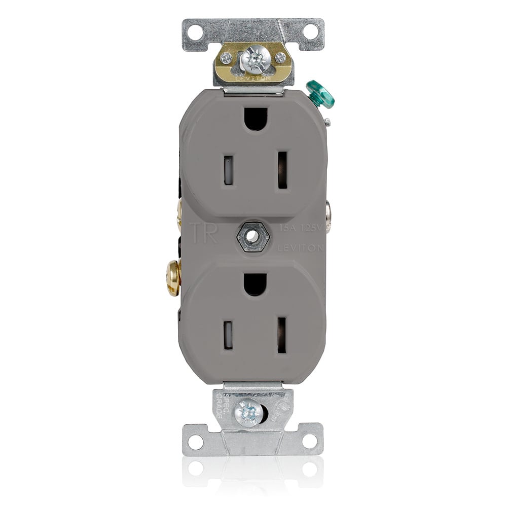 TBR15-GY 1-Phase Duplex Tamper Resistant Straight Blade Receptacle, 125 V AC, 15 A, 2 Poles, 3 Wires, Gray