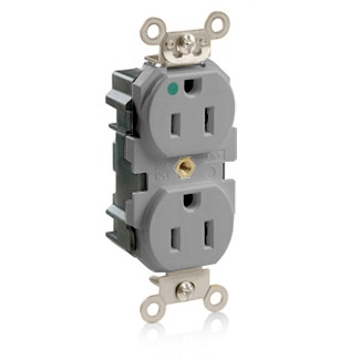 M8200-GY Duplex Extra Heavy Duty Wide Body Straight Blade Receptacle, 125 V AC, 15 A, 2 Poles, 3 Wires, Gray