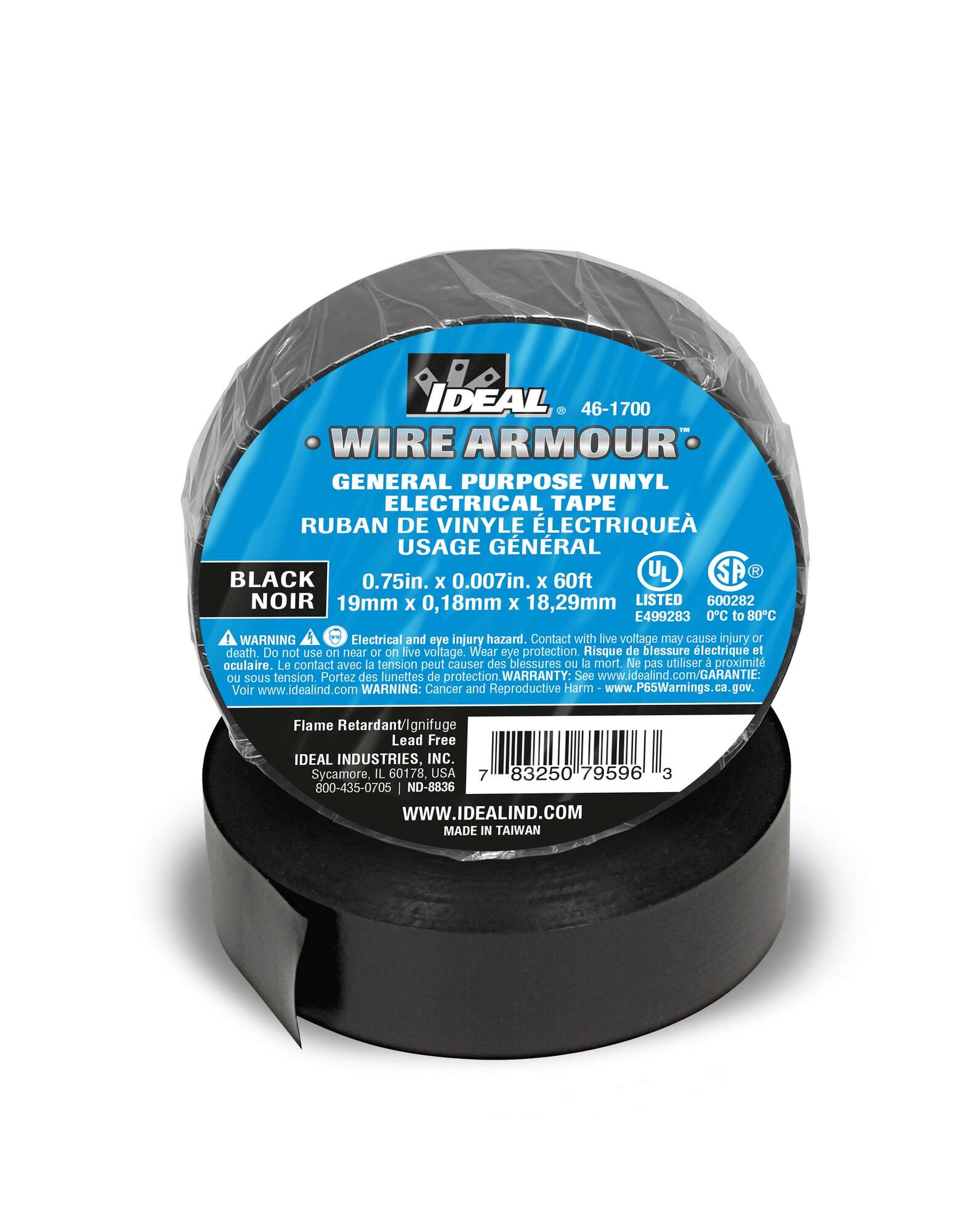 46-1700 Wire Armour Electrical Tape, 60 ft L x 3/4 in W, 7 mil THK, Vinyl, Rubber Adhesive, Black