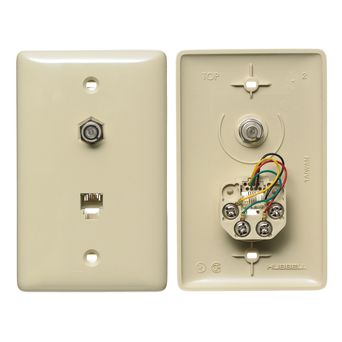 NS747I 1-Gang Standard Molded-In Plate With F Connector and Jack, Wall Mount, 6-Position 4-Conductor Jack Position