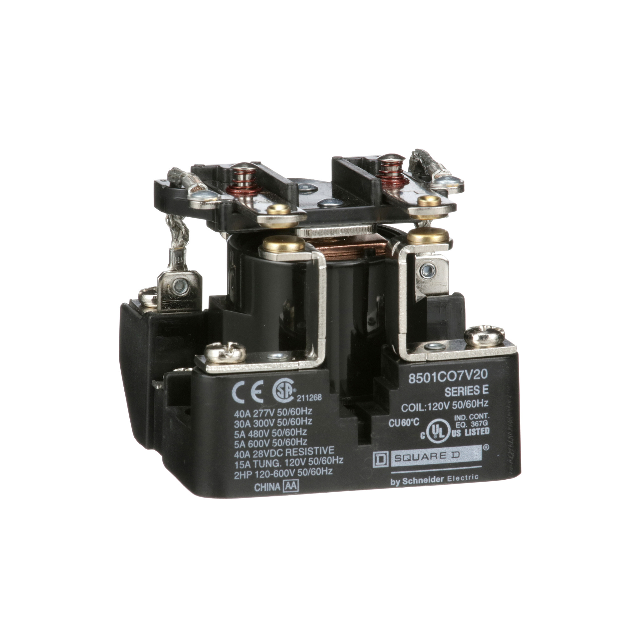 8501CDPST Open Frame Heavy Duty Power Relay, 40 A, 1NO 1 Form A SPST Contact, 120 V AC V Coil