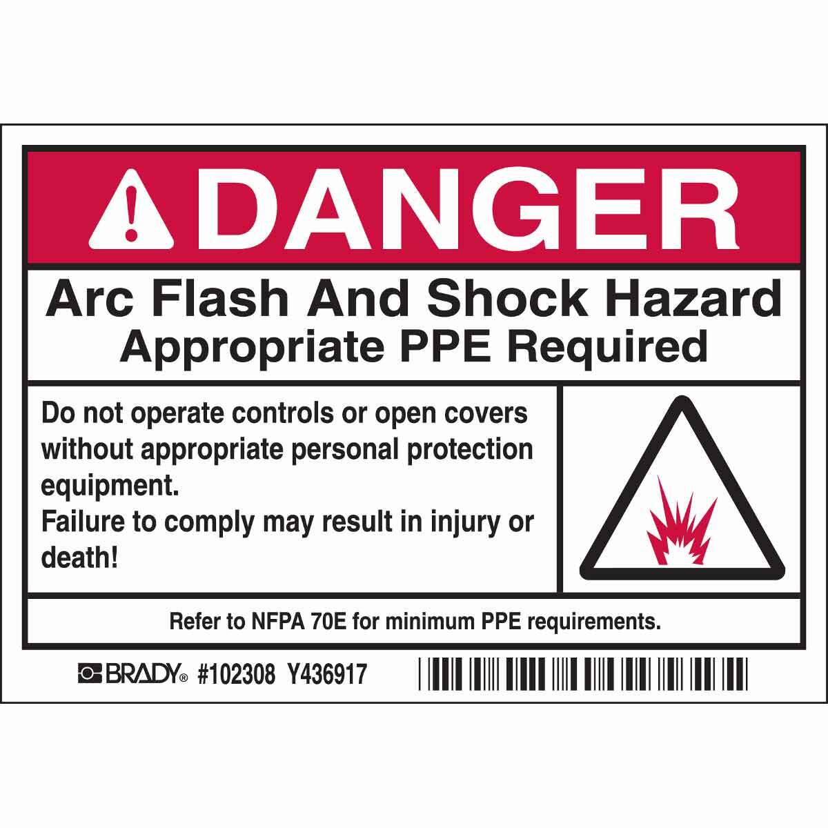 102308 High Performance Laminated Non-Reflective Rectangular Self-Adhesive Arc Flash Protection Label, 5 in W, Black/Red on White, B-302 Polyester, 100 per Roll Labels