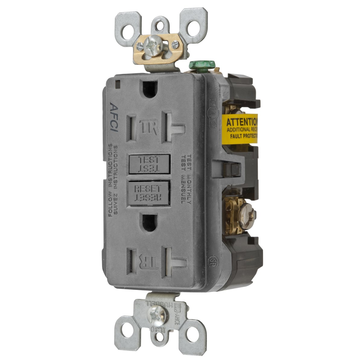 AFR20TRGY Duplex Tamper Resistant Arc Fault Receptacle, 125 V AC, 20 A, 2 Poles, 3 Wires, Gray