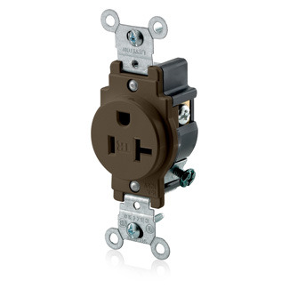 T5020 Duplex Grounding Single Tamper Resistant Straight Blade Receptacle, 125 V AC, 20 A, 2 Poles, 3 Wires, Brown