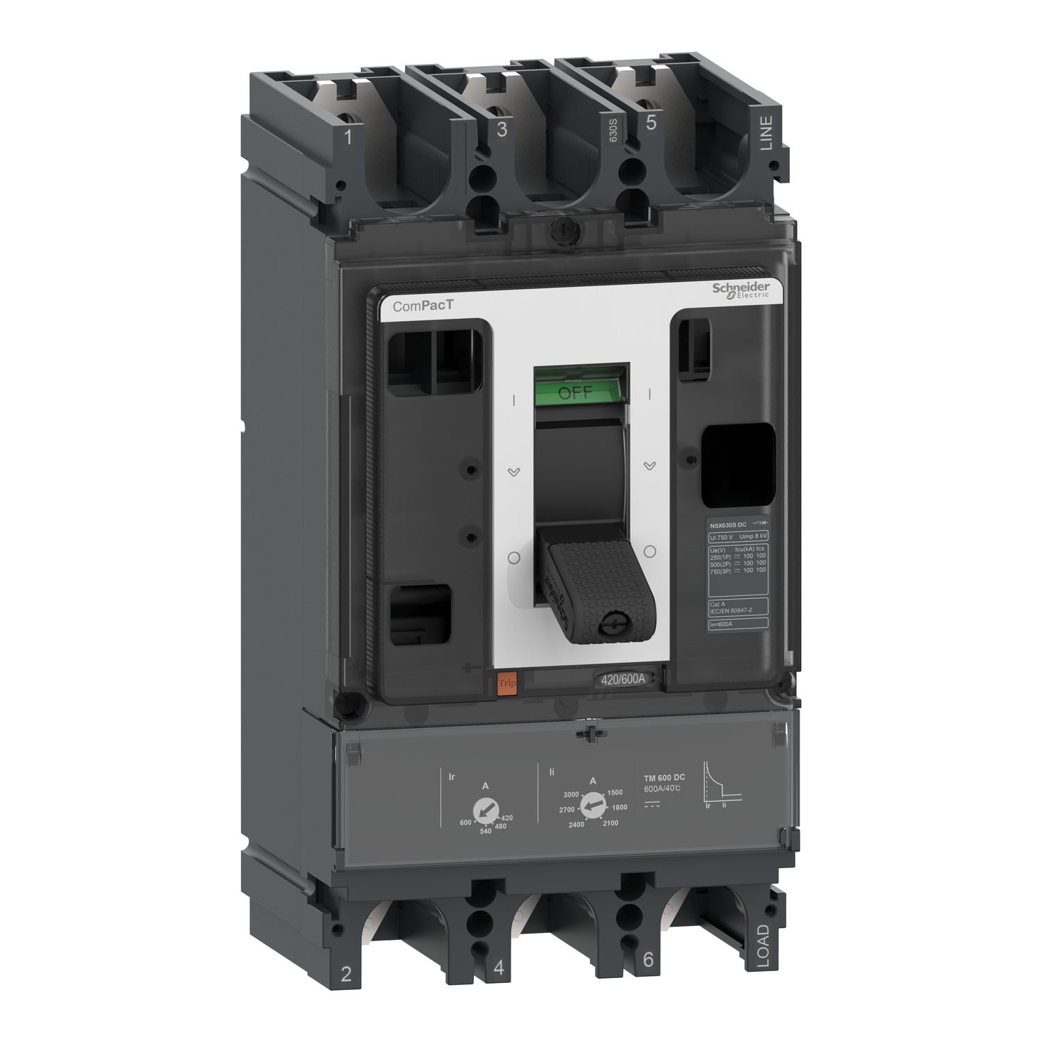 C63S3TM600D Circuit Breaker, 750 V DC, 600 A, 100 kA Interrupt, 3 Poles, Thermal/Magnetic Trip
