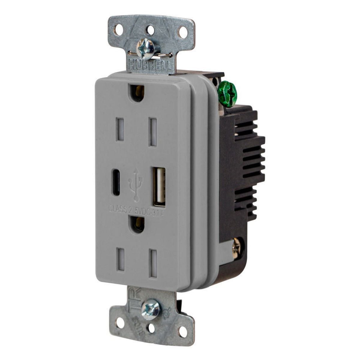USB15ACGY Hubbell-PRO Line Decorator Style USB Charger Duplex Receptacle, 15 A 125 V AC, 1 Phase, 2 Poles, 3 Wires, Gray