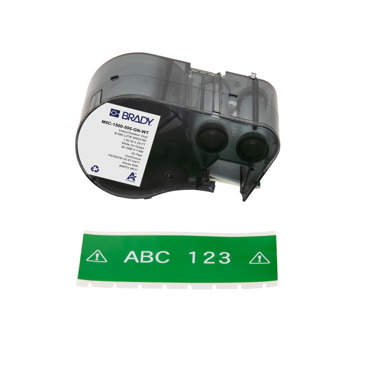 M5C-1500-595-GN-WT General Permanent Adhesive Label, 25 ft L x 1.5 in W, White on Green, B-595 Vinyl