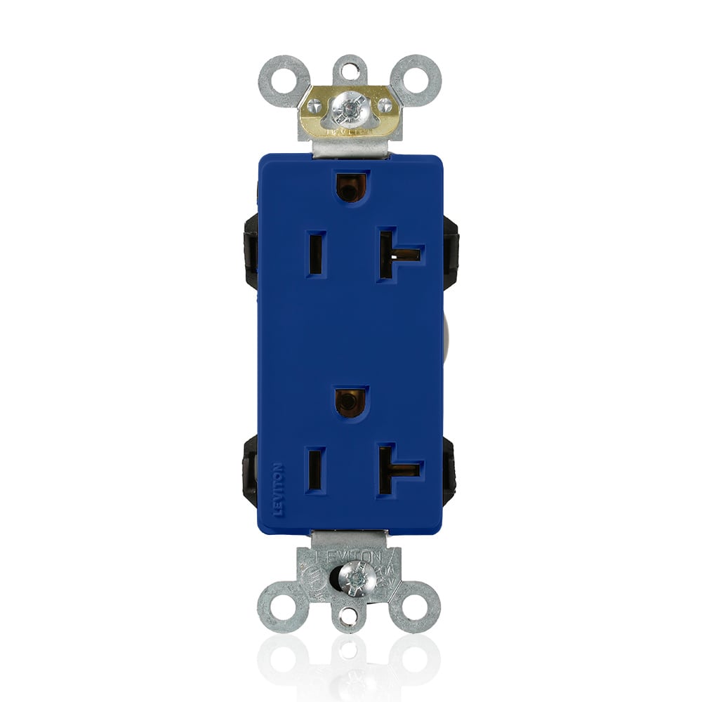 M1636-B Decora Plus Lev-Lok 1-Phase Duplex Heavy Duty Self-Grounding Straight Blade Receptacle, 125 V AC, 20 A, 2 Poles, 3 Wires, Blue
