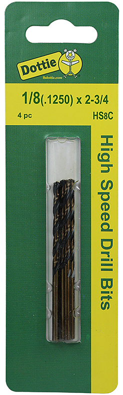 HS8C 4-Piece Heavy Duty Jobber Drill Bit, 1/8 in Drill - Fraction, 0.125 in Drill - Decimal Inch, 135 deg Point, M2 HSS, Black/Gold