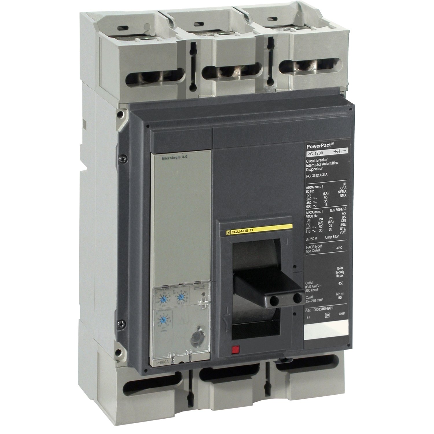 PLL34080CU31A PowerPact MasterPact 100% Rated P Molded Case Circuit Breaker, 480 V AC, 800 A, 100 kA Interrupt, 3 Poles, Electronic Trip