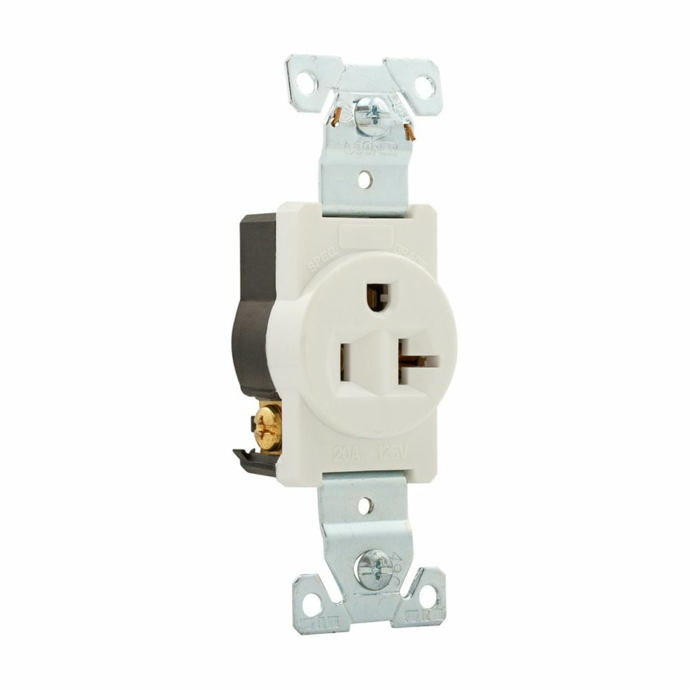 Eaton Arrow Hart extra heavy-duty industrial specification grade single receptacle, #14-10 AWG, 20A, Industrial, Flush, 125V, Back and side, White, Brass, Nylon, 5-20R, Single, Screw, Nylon, Core pack