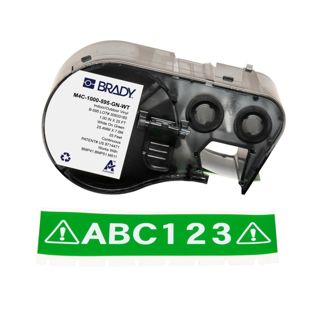 M4C-1000-595-GN-WT General Permanent Adhesive, 25 ft L x 1 in W, White on Green, B-595 Vinyl