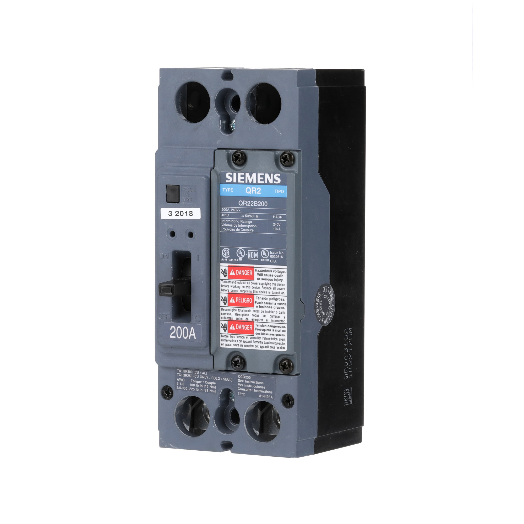 QR22B200W Low Voltage Molded Case Circuit Breaker, 240 V AC, 200 A, 10 kA Interrupt, 2 Poles, Thermal Magnetic Trip