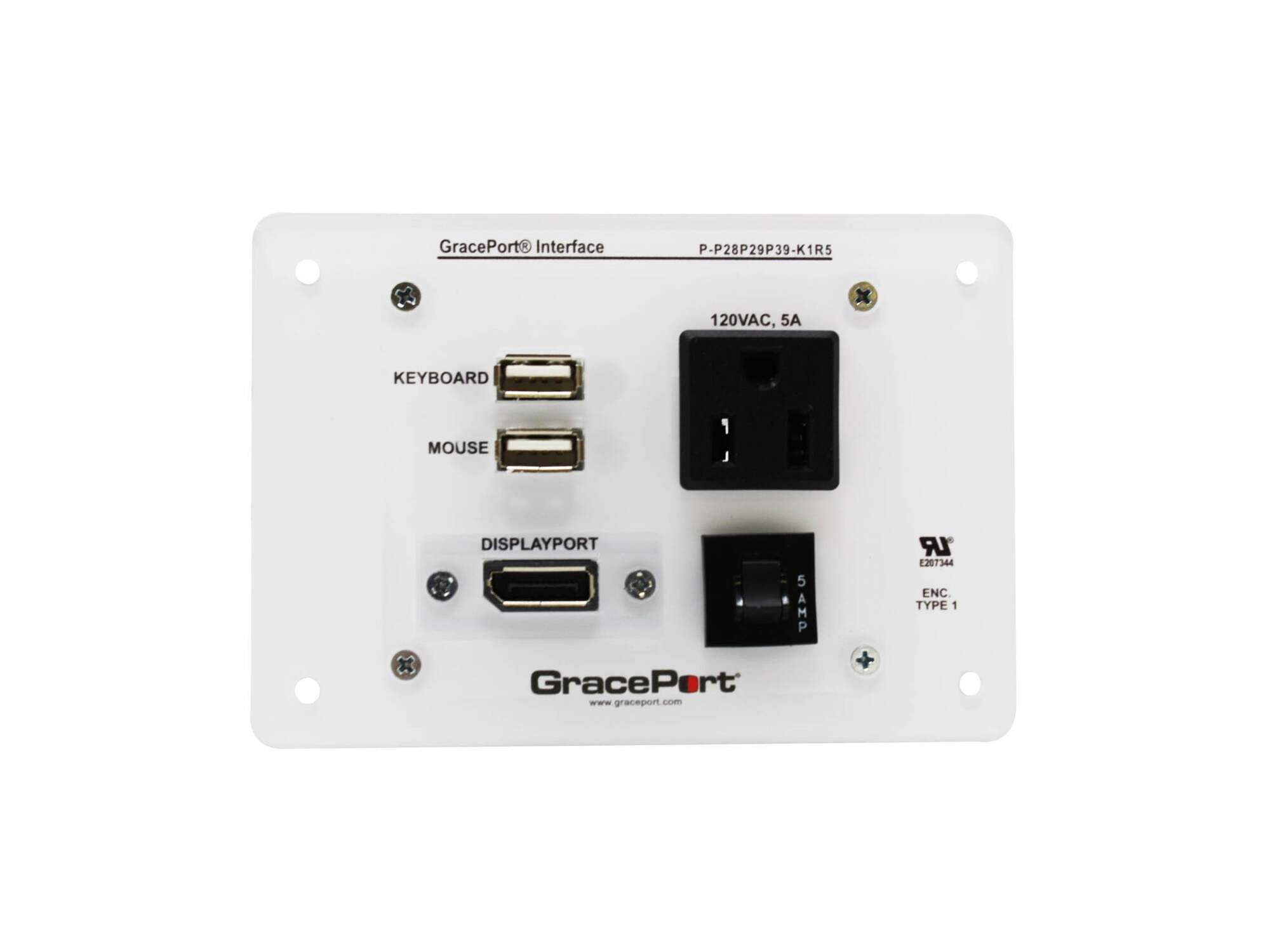 Panel Interface Connector with USB Keyboard, USB Mouse, Display Port F/F, Panel Mount Housing, UL Type 1, Simplex Outlet, 5 Amp Circuit Breaker
