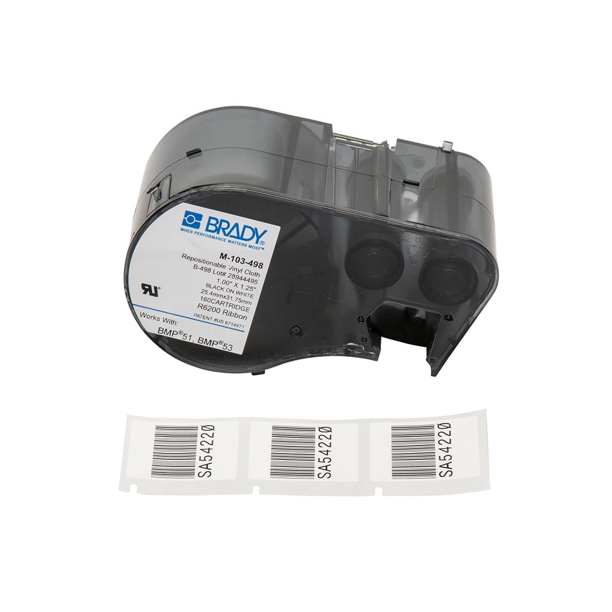 M-103-498 CleanLift M Series Rectangular Label Maker Cartridge, 1-1/4 in L x 1 in W, For Use With BMP 51 and BMP 53 Label Maker, B-498 Vinyl Coated Fabric, Black on White