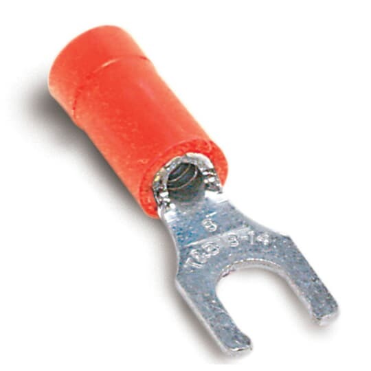 TV18-8LF-L Catamount Fork Terminal, 22 to 16 AWG Conductor, 0.866 in L, Brazed Seam/Funnel Entry/Internal Serration Barrel, Copper, Red