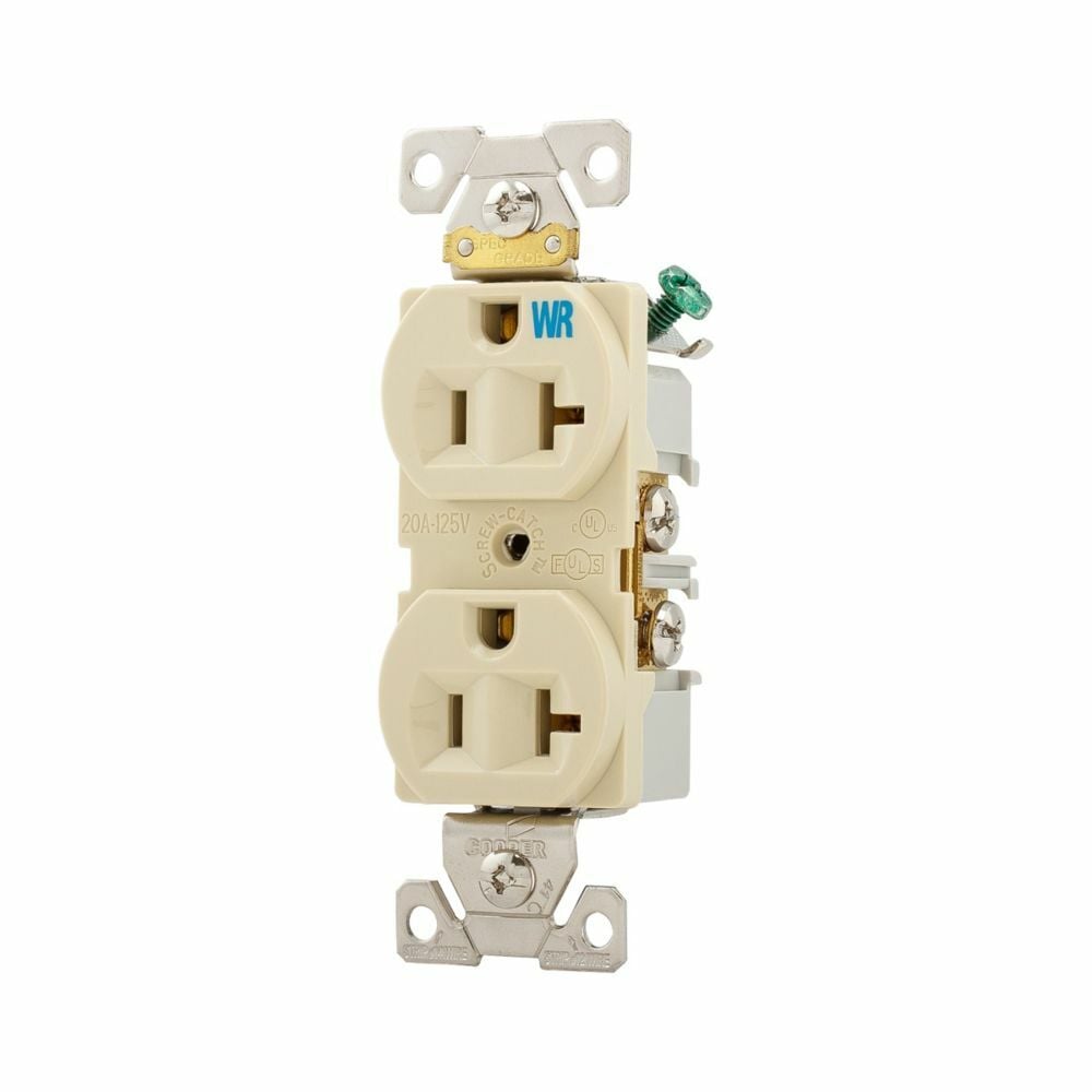 Eaton commercial specification grade duplex receptacle, #14-10 AWG, 20A, Commercial, Flush, 125V, Back and side, Ivory, Brass, Weather resistant, Impact-resistant nylon face, Glass-filled nylon base, 5-20R, Duplex, Screw, Nylon, Core pack