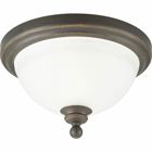 The Madison collection features etched glass with transitional elements. Simplified vintage style. One-light 12 in close-to-ceiling fixture. Antique Bronze finish.