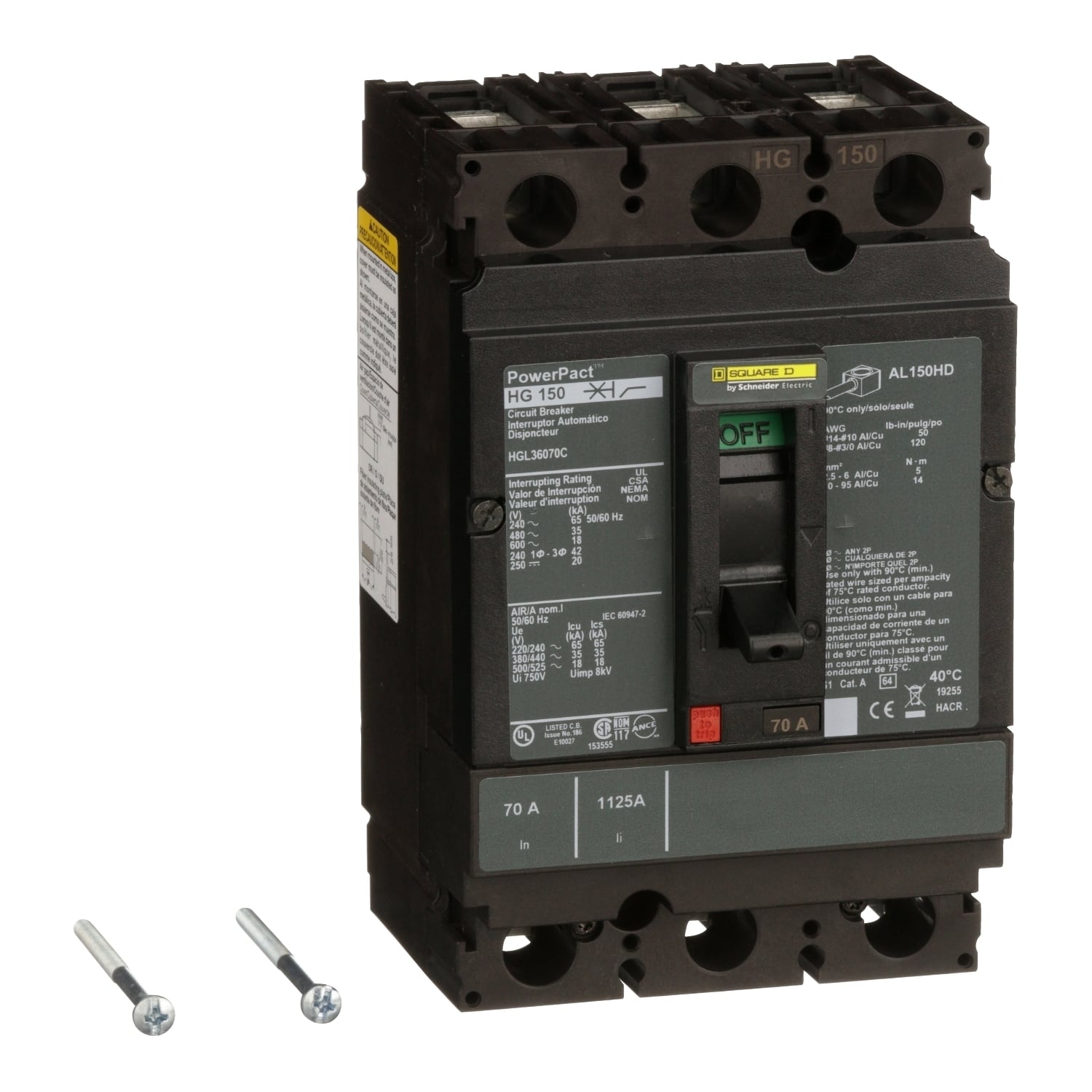 HGL36070C I-Line PowerPact Type HGL Molded Case Circuit Breaker, 600 V AC/250 to 500 V DC, 70 A, 65 kA at 240 VAC/35 kA at 480 VAC/18 kA at 600 VAC/20 kA at 250 VDC/500 VDC Interrupt, 3 Poles, Thermal Magnetic Trip