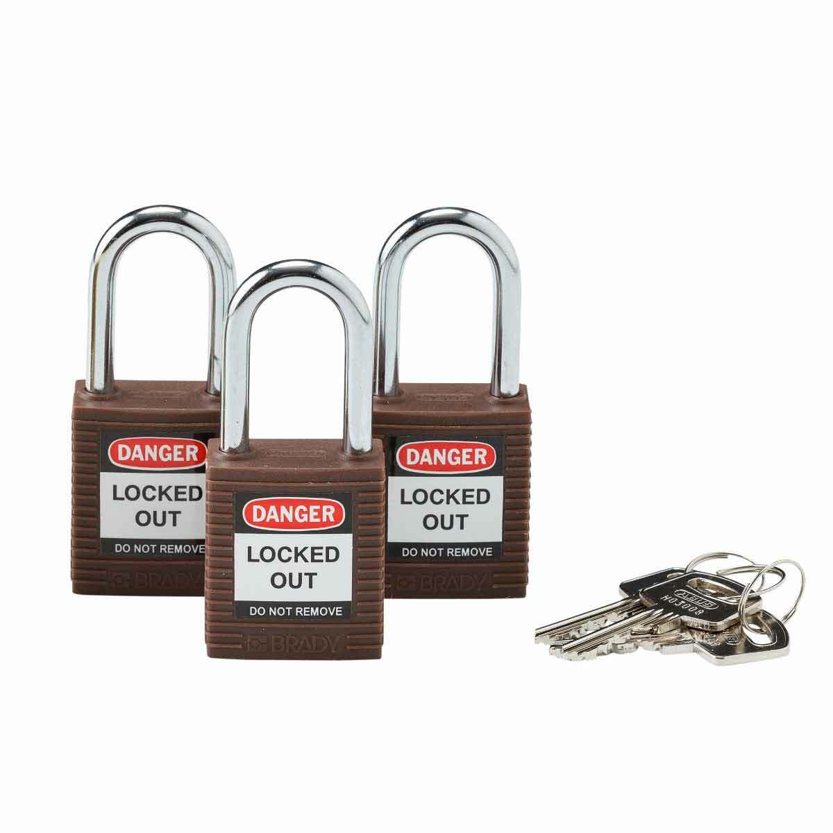 118947 Anti-Spark Key Retaining Safety Padlock, Alike Key, Brown, Fiberglass Reinforced Nylon Body, 1/4 in Dia x 1-1/2 in H x 0.8 in W Triple Coated Hardened Steel Shackle, 1-3/4 in L Body, Non-Conductive Conductivity