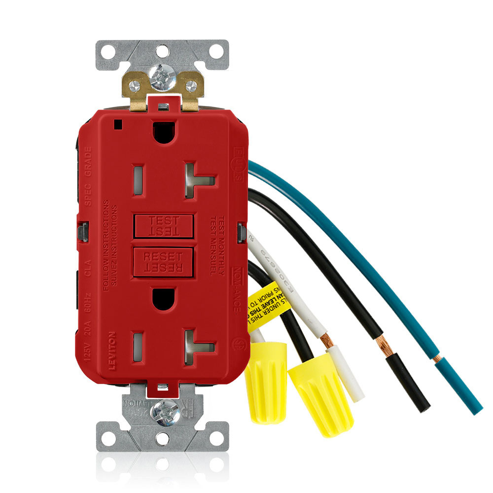 GFTR2-5LR Duplex Self-Test Tamper Resistant GFCI Receptacle With Red Test, Reset Button, 125 V AC, 20 A, 2 Poles, 3 Wires, Red