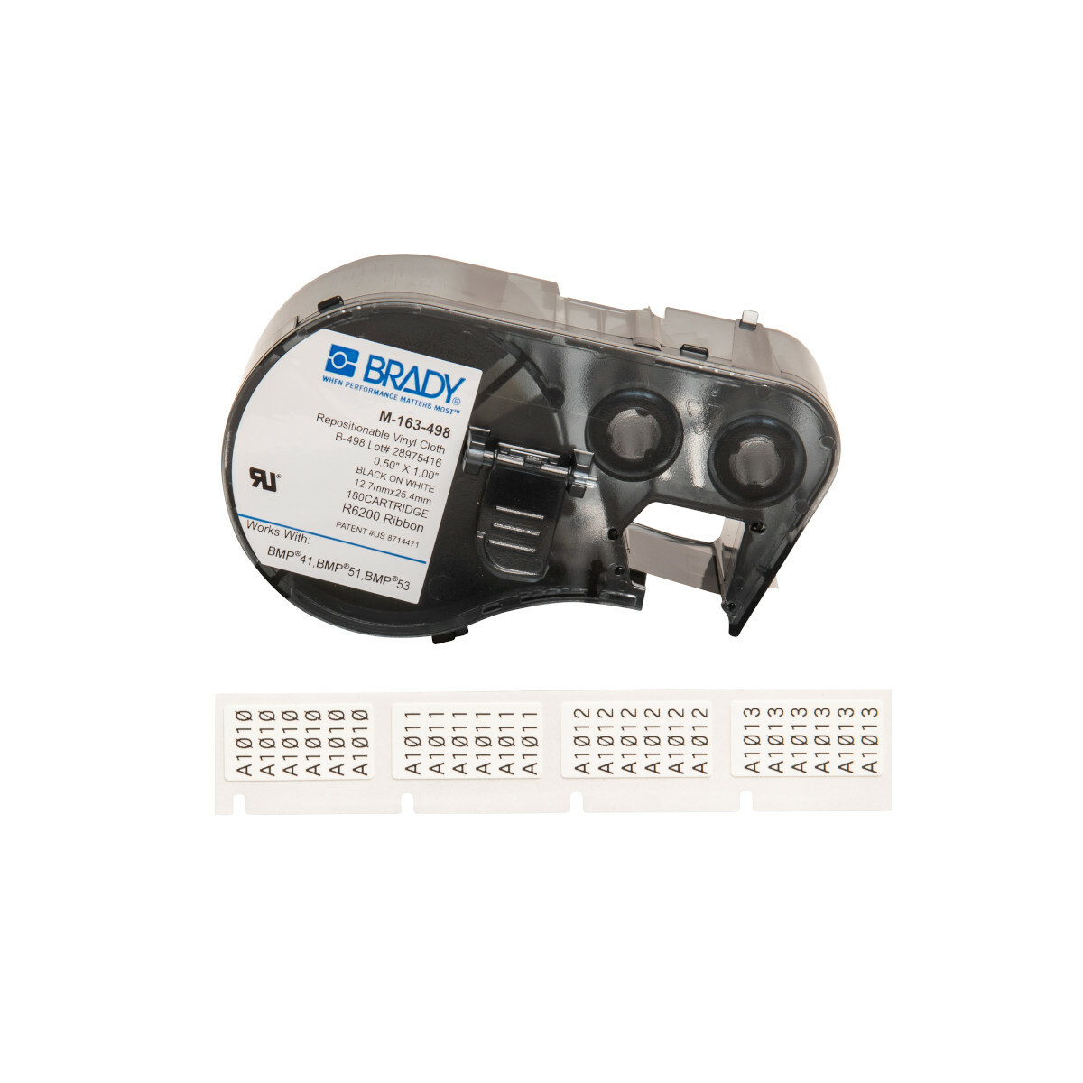 M-163-498 CleanLift M Series Rectangular Label Maker Cartridge, 1/2 in L x 1 in W, For Use With BMP 41, BMP 51 and BMP 53 Label Makers, B-498 Vinyl Coated Fabric, Black on White