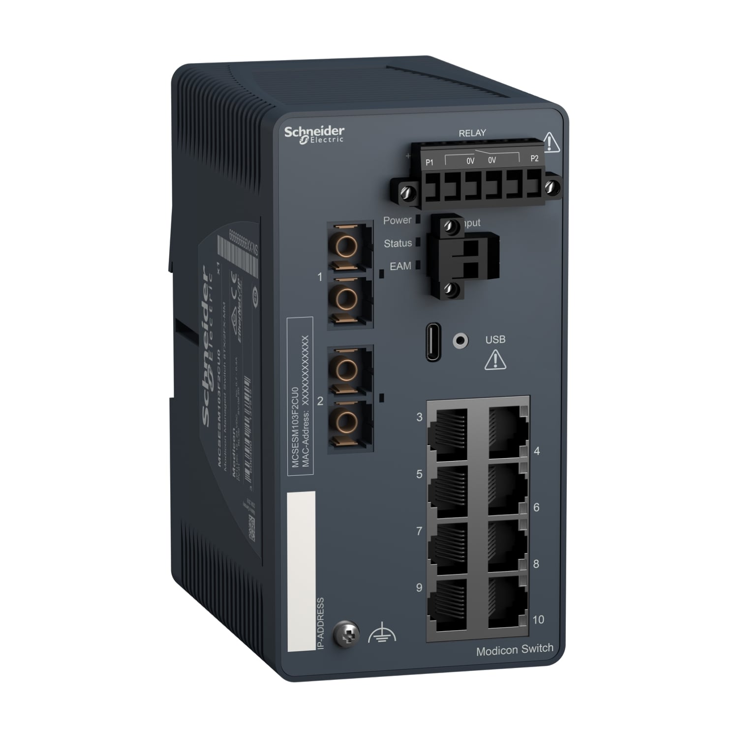MCSESM103F2CU0 Modicon Transparent Ready Managed Switch, (2) 100BASE-FX, (8) 10/100BASE-TX Interface, Ethernet TCP/IP Protocol