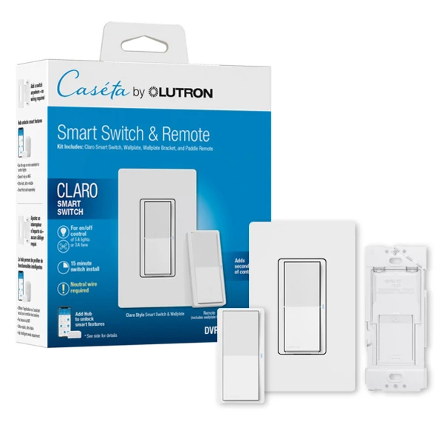 DVRF-PKG1S-WH Claro Smart Switch 3-Way Kit with Pico Paddle Remote for Caseta System, White