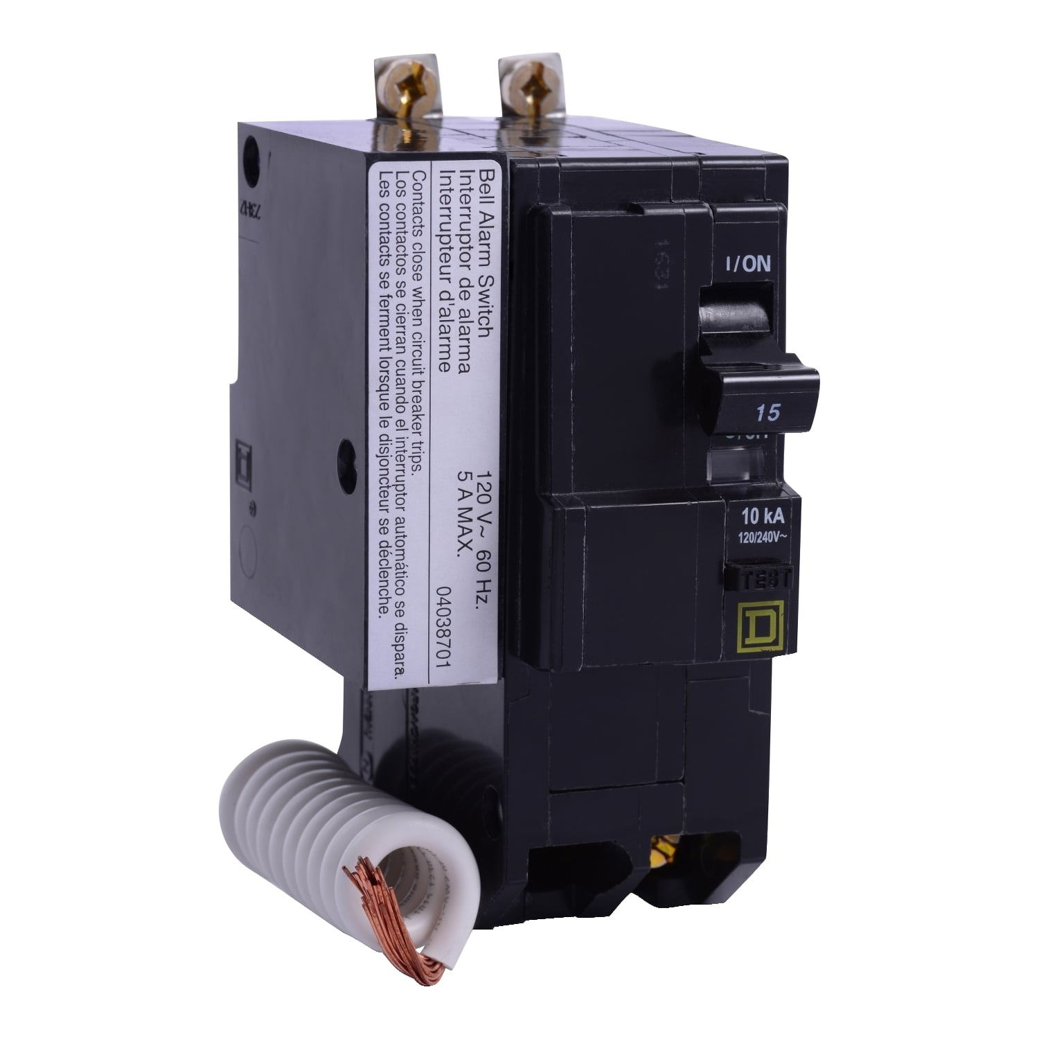 QOB215EPD2100 Type QOB Class B GFI Ground Fault Miniature Circuit Breaker, 120/240 VAC, 15 A, 10 kA Interrupt, 2 Poles, Thermal Magnetic Trip