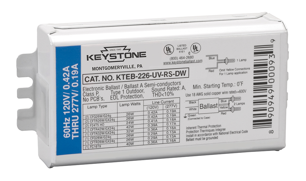 KTEB-226-UV-RS-DW-CP Dual Wire Case Ballast, 26 W Lamp, 120 to 270 V AC, Rapid