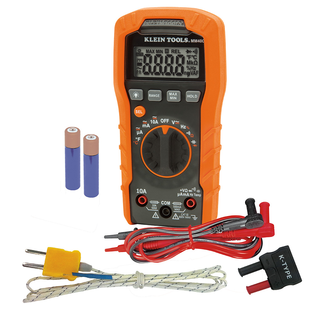 MM400 Auto-Ranging Digital Multimeter, 600 V AC/DC, 10 A, 40 mOhm, Digital LCD Display