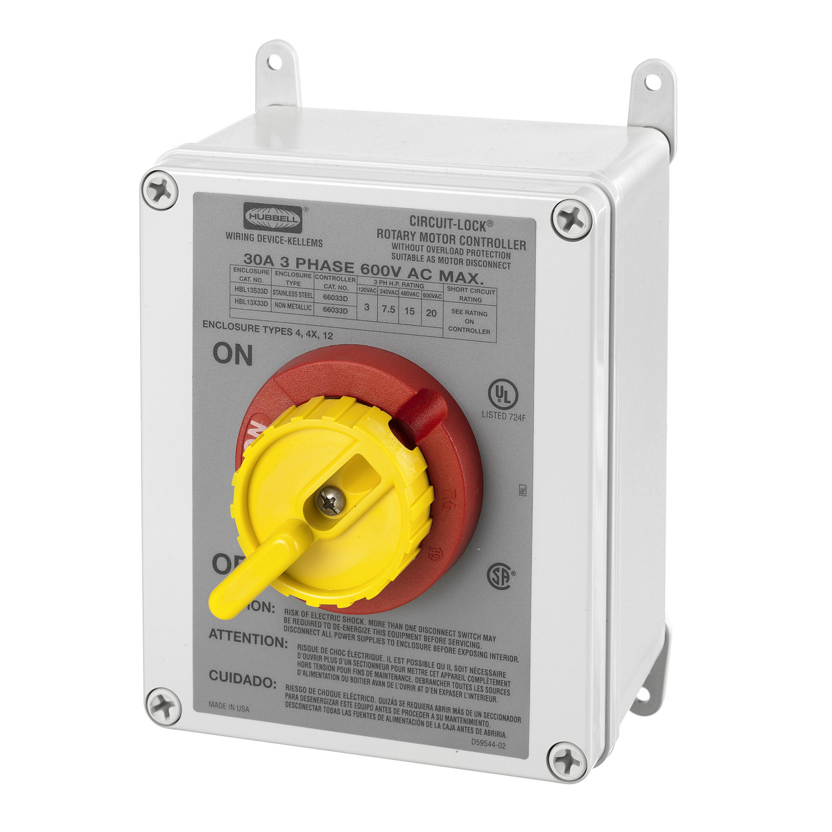 HBL13X33D Back/Side Wired Enclosed Industrial Grade Non-Fused Non-Metallic Standard Disconnect Switch With Rotary Handle, 600 V, 30 A, 20 hp, 3 Poles