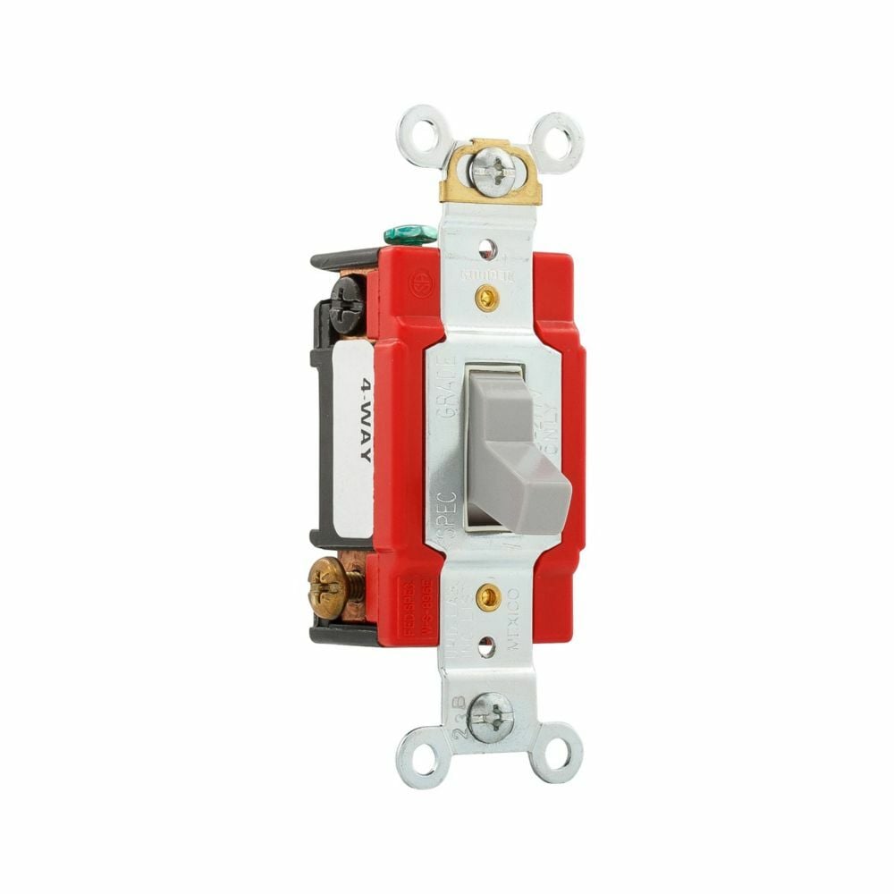 Eaton Arrow Hart industrial grade toggle switch, #14-10 AWG, 20A, Industrial, Wall, 120/277V, Back and side, Screw, Gray, Four-way, Brass, Terminals: 0.031 in, Polycarbonate