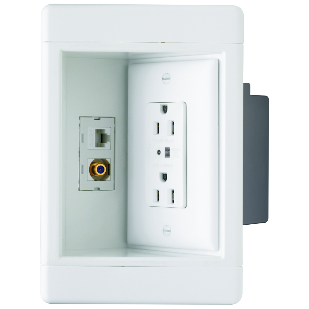 TV1WTVSSW Single-Gang Recessed TV Box Surge Protective Duplex Receptacle and Cable Access Port, White