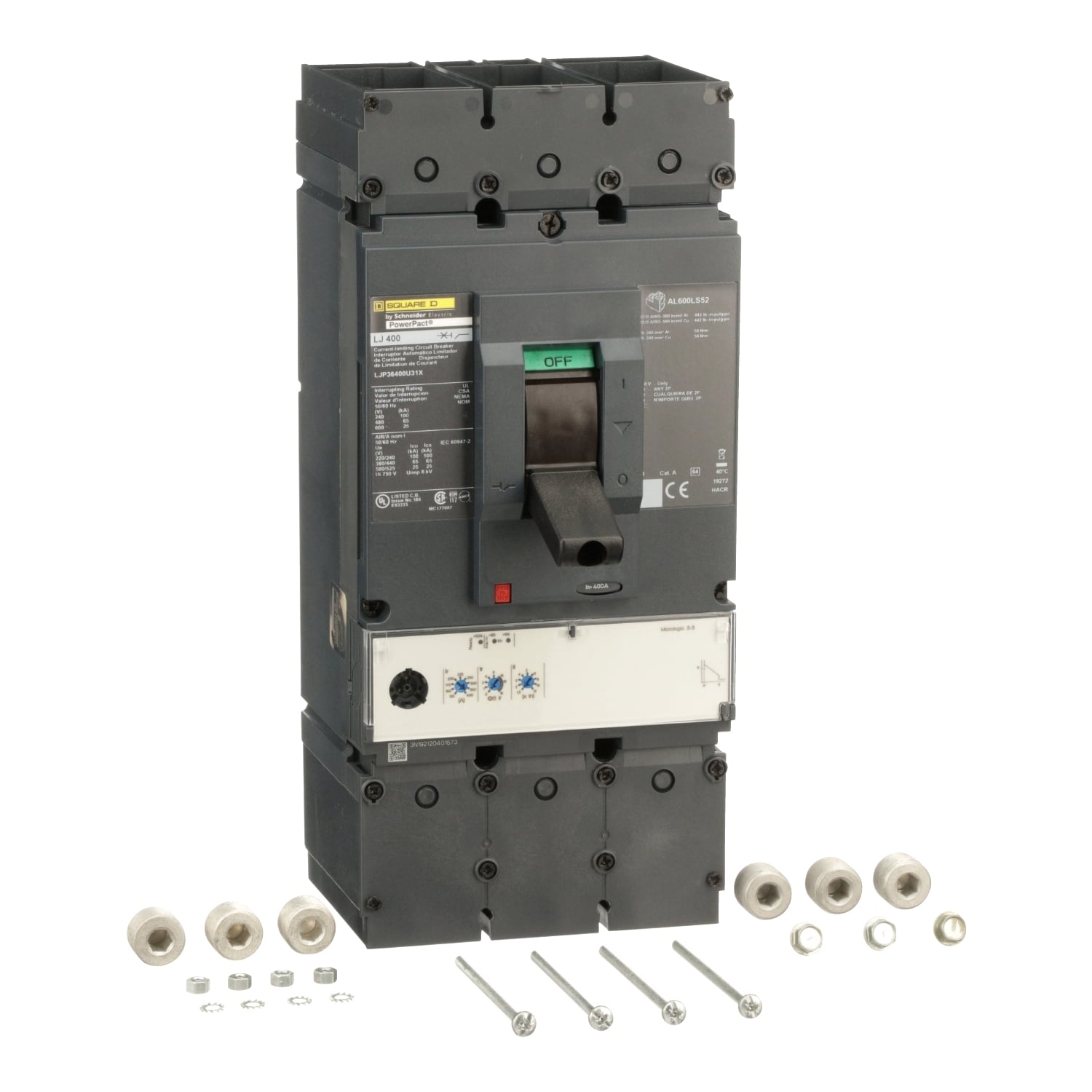 Circuit breaker, PowerPacT L, 400A, 3 pole, 600VAC, 25kA, lugs, MicroLogic 3.3, 80%