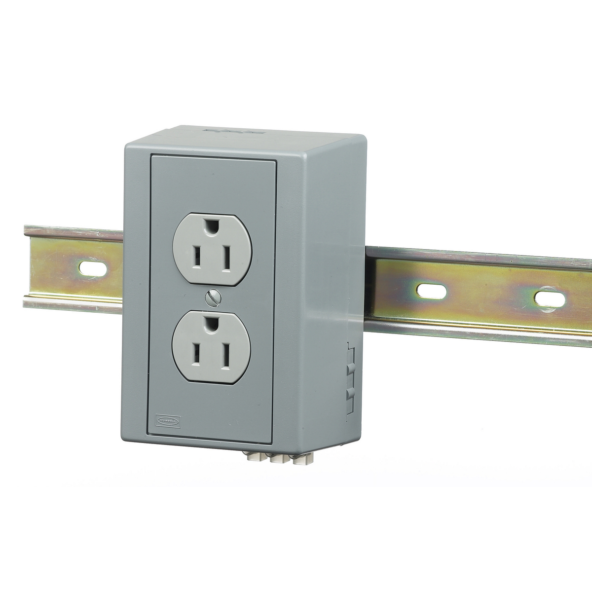 DRUB15 1-Outlet 2-3-Wire Pre-Wired Standard Molded and Fabricated DIN Rail Mount Utility Box With Duplex Receptacle, 125 V AC, 15 A, 2 Poles, 3 Wires, Gray