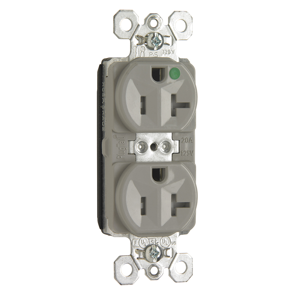 PTTR8300GRY PlugTail 20 Amp 125V Hospital-Grade Duplex Receptacle, Back and Side Wire, Gray