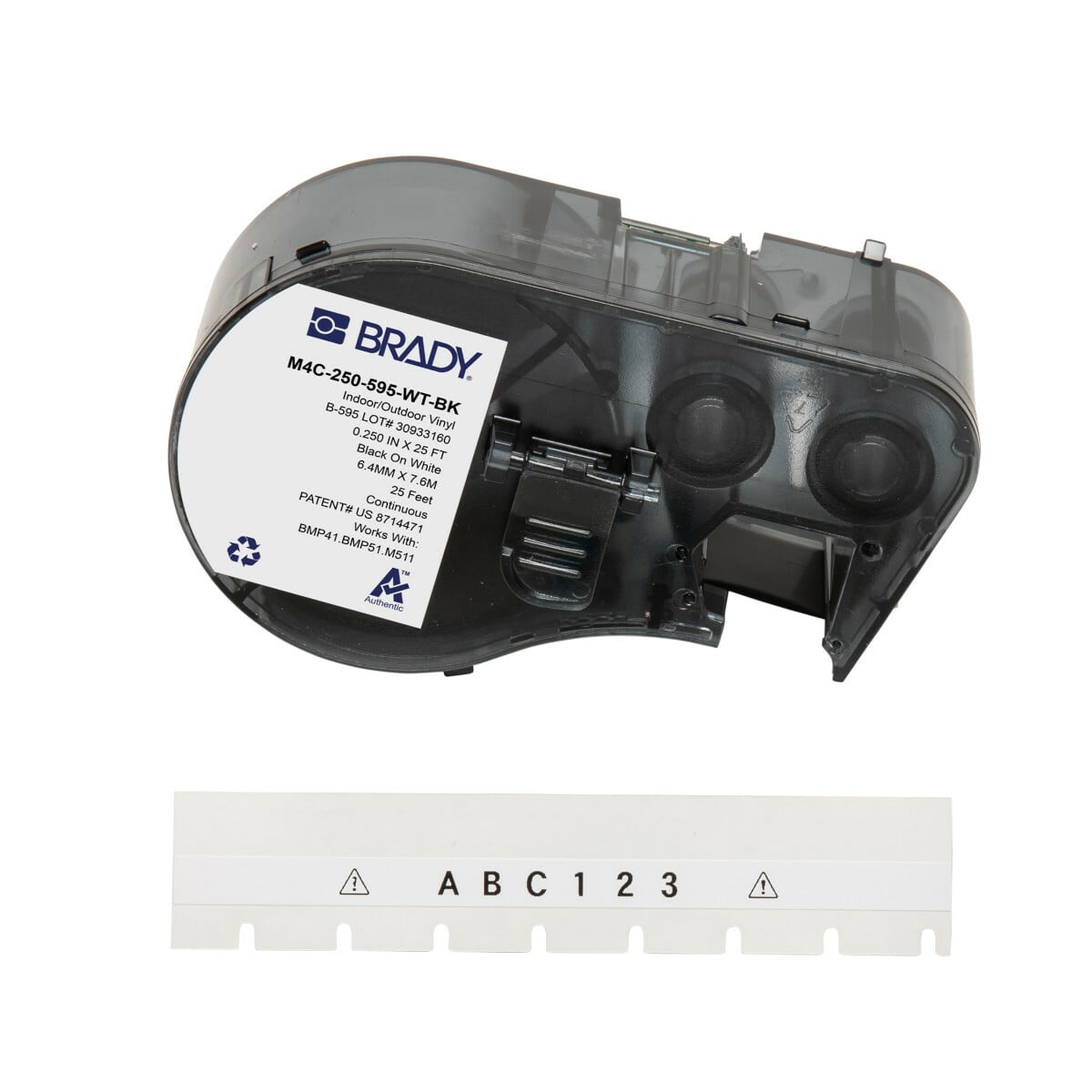 M4C-250-595-WT-BK General Permanent Adhesive, 25 ft L x 0.25 in W, Black on White, B-595 Vinyl