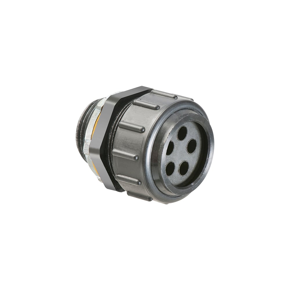 Arlington's UV rated, multi-hole connectors are ideal for solar and other outdoor jobs requiring the connection of multiple cables into raceways, fittings, and combiner or junction boxes. This series can accommodate five cables ranging from 0.250" to 0.280" in diameter each, and has a trade size of 1". As the nut is tightened, a moisture resistant seal is created around each cable.