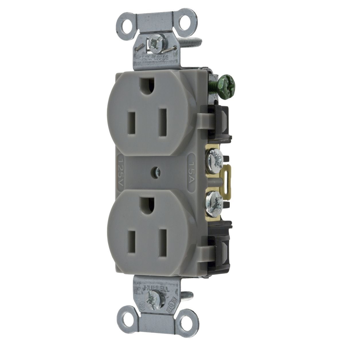 5252AG 1-Phase Duplex Grounding Heavy Duty Standard Traditional Screw Mount Straight Blade Receptacle, 125 V AC, 15 A, 2 Poles, 3 Wires, Gray