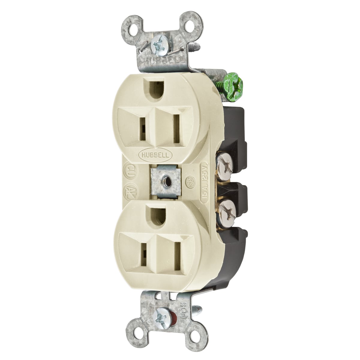 5262AL 1-Phase Duplex Heavy Duty Standard Self-Grounding Straight Blade Receptacle, 125 VAC, 15 A, 2 Poles, 3 Wires, Almond