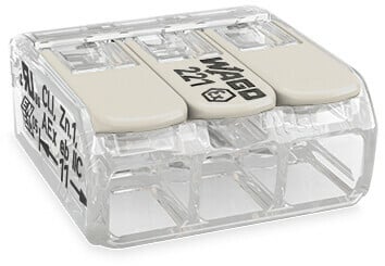 3-wire splicing connector with levers - Suitable for Ex eb applications - Wago (221 series) - for 0.14mm2...4mm2 / for #24AWG...#12AWG - Rated current (Ex e II) 32A - Transparent housing / Light gray lever color - with CAGE-CLAMP spring connections