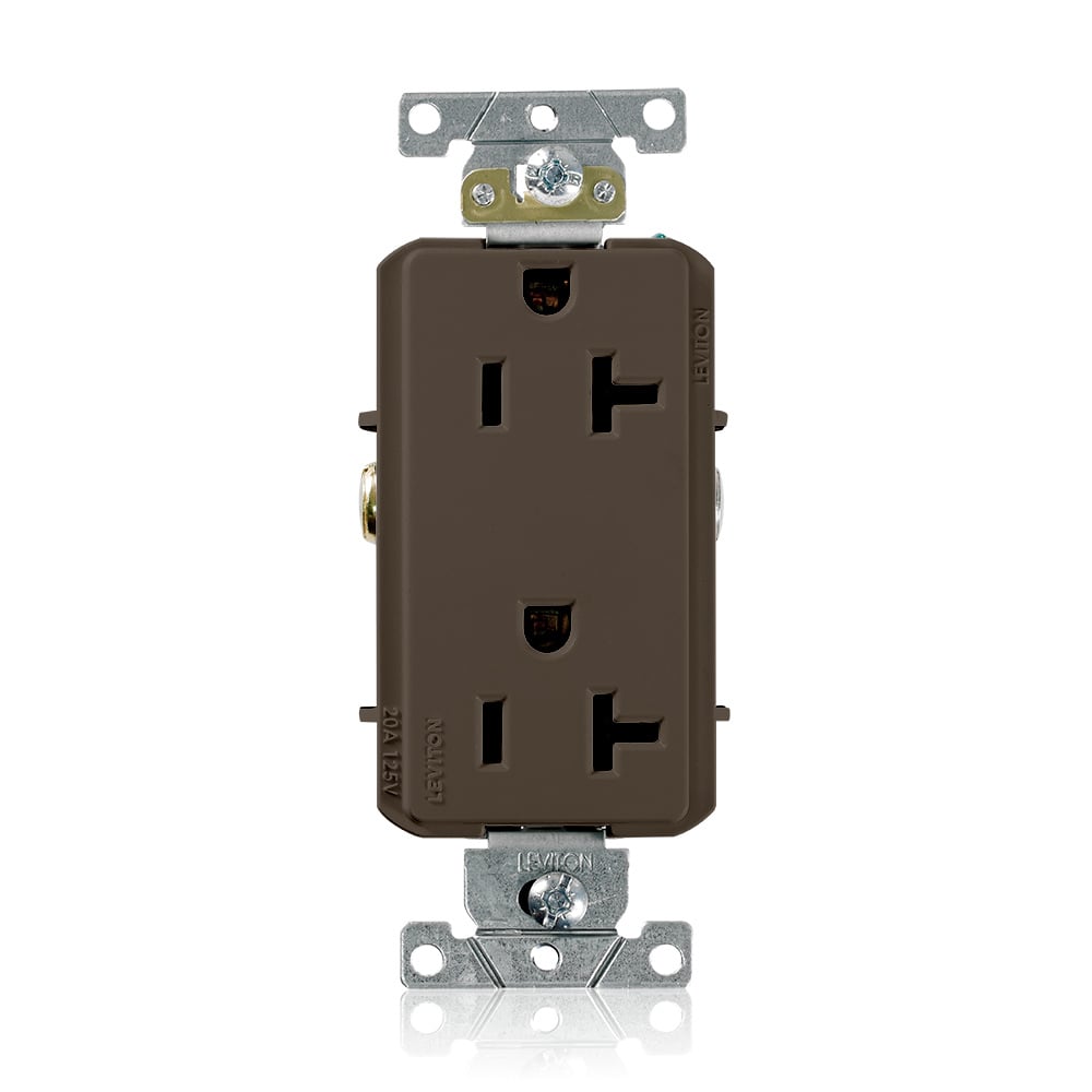16352 Decora Plus Heavy Duty Self Grounding Straight Blade Duplex Receptacle, 125 VAC, 20 A, 2 Poles, 3 Wires, Brown