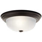 The current and pleasing lines of this flush mount ceiling fixture done in Olde Bronze(R)  finish with Satin-Etched Glass will blend into many decors. 2-Light, 60-W Max.  (M). Diameter 13 1/2in., Height 6 in..