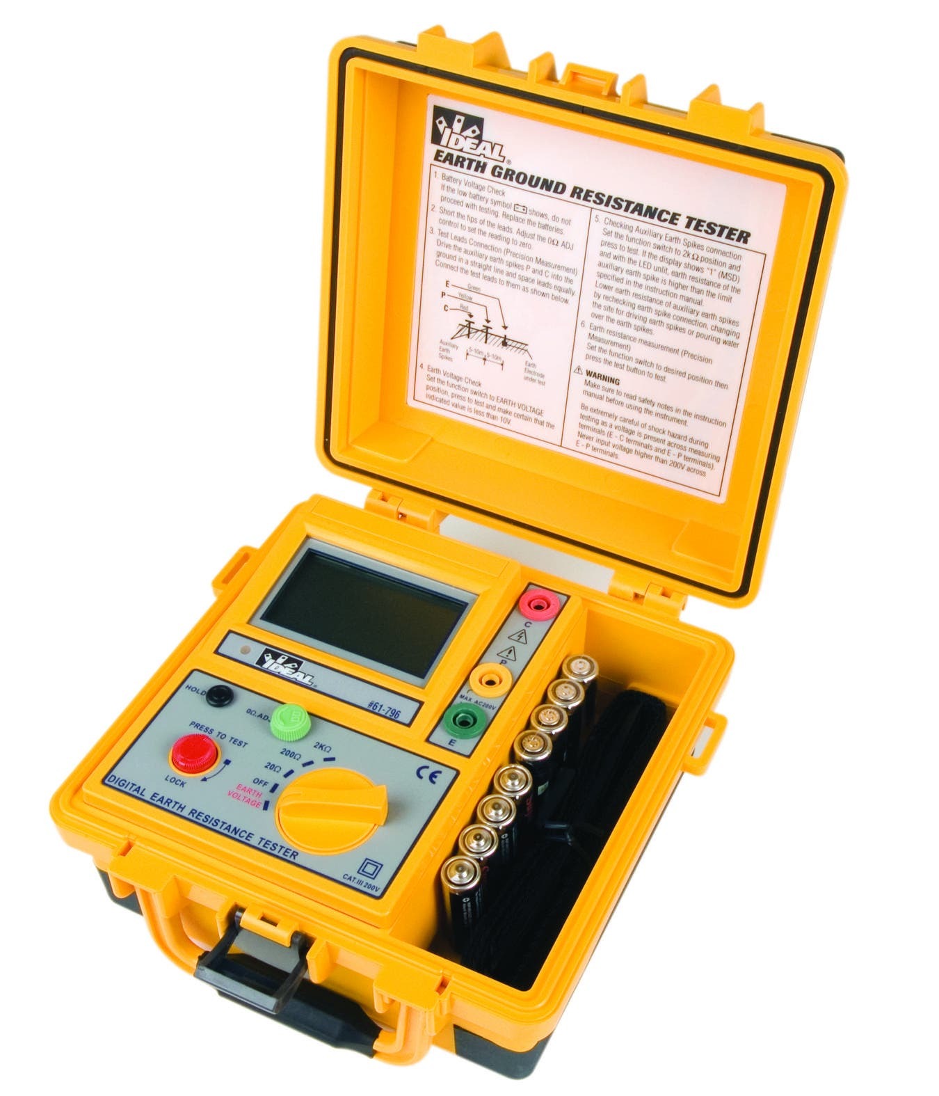 61-796 3-Pole Earth Ground Resistance Tester, 200 V AC Earth, 3 mA, 820 Hz to 1.6 kHz, 3-1/2 in Analog LCD Display, 1.5 VDC AA Battery